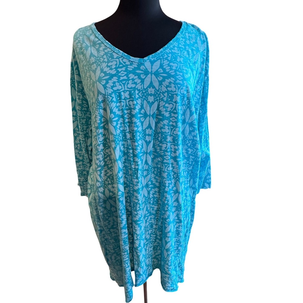 Fresh Produce Aqua‎ Blue Floral Cover Up Dress 2X Beach Resort Tunic